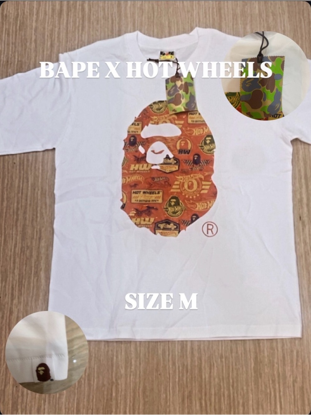 BAPE White Kids Tee with Orange Camo Ape Head Graphic